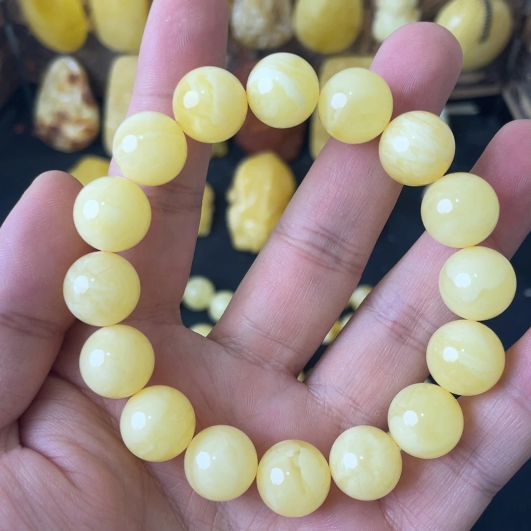 琥珀未镶嵌手串13+俄料黄白花圆珠手串