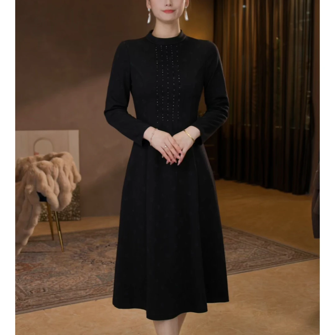 【香妮芬】83558秋冬2025新款深蓝色显瘦女装连衣裙长袖长裙