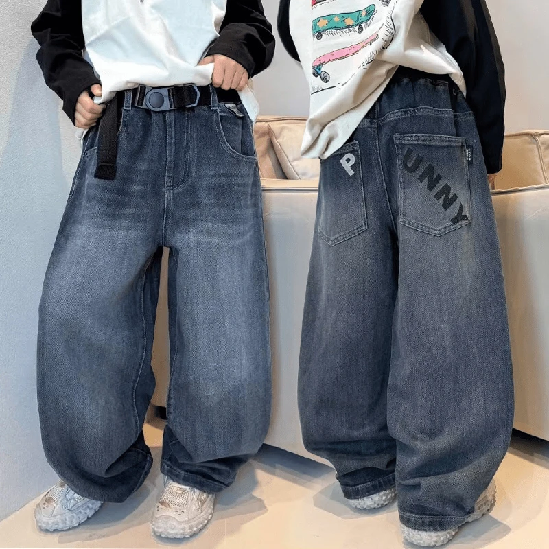 男童牛仔裤春秋季宽松直筒长裤2025新款中大童酷帅洋气港风休闲裤