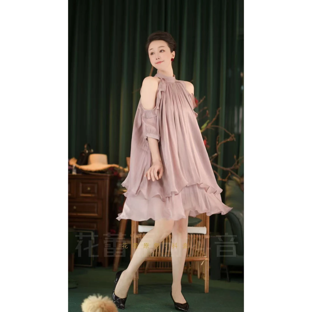 {花蕾原创}原创设计短袖露肩连衣裙时尚气质宽松仙女度假裙