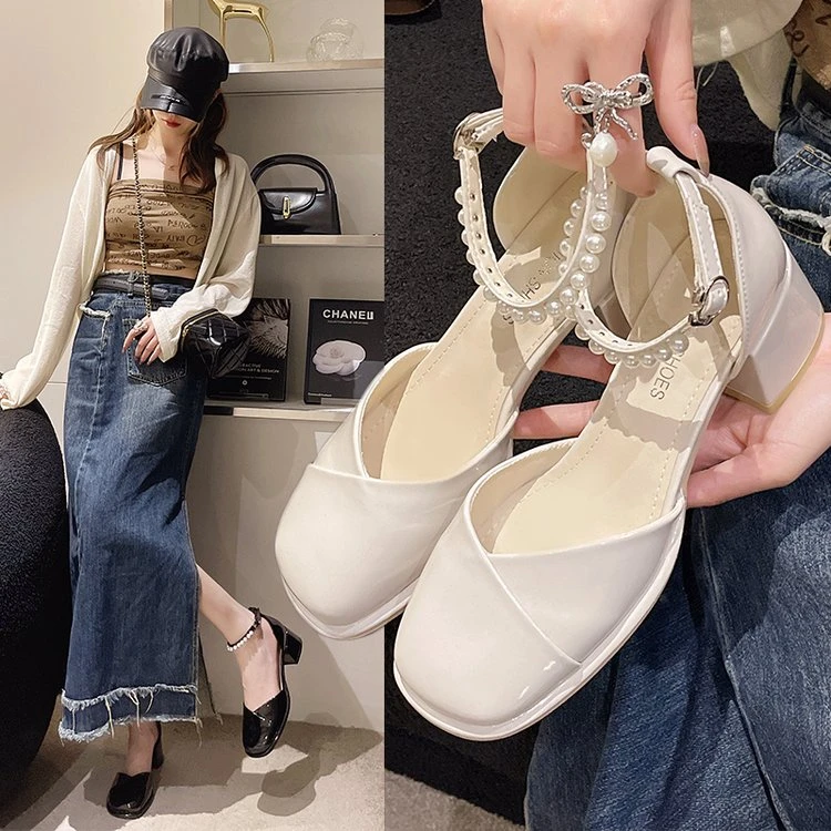 包头凉鞋女2025年新款夏季粗跟高跟鞋夏款玛丽珍方头法式中空单鞋