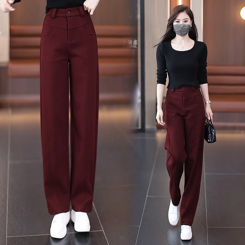 后妈裤窄版毛呢直筒裤女2025春秋冬新款加厚高腰休闲裤显瘦阔腿裤