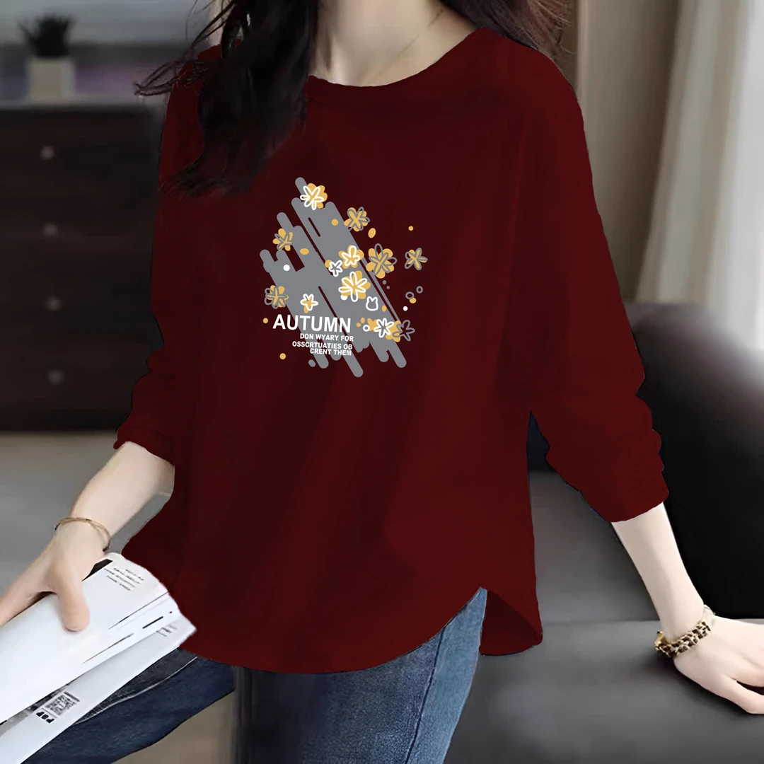 100%纯棉长袖T恤女春秋季新款大码宽松休闲百搭洋气减龄圆领上衣