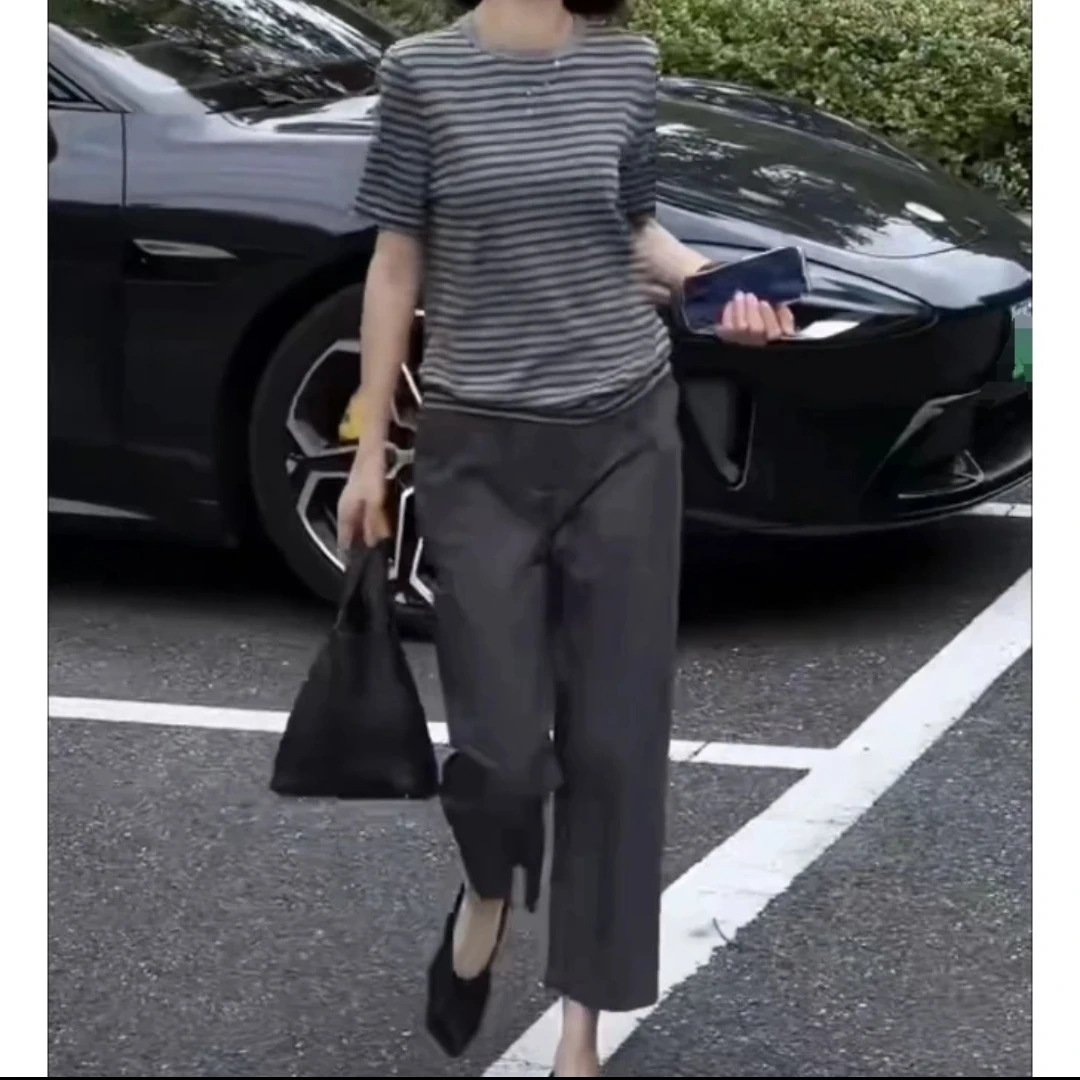 夏季新款时尚显瘦气质女士洋气两件套百搭女装条纹上衣