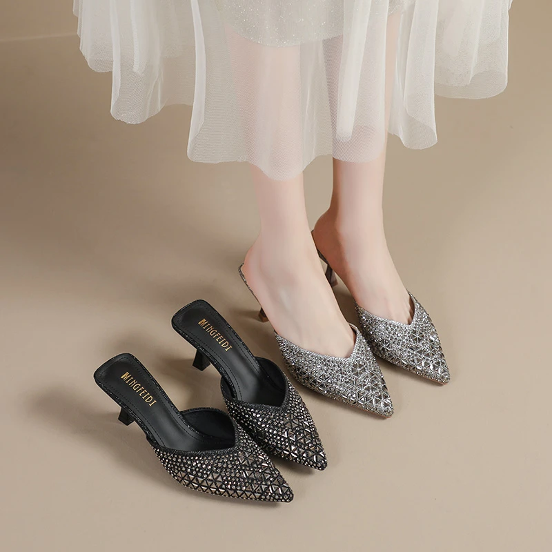 高跟细跟水钻包头凉拖鞋约会凉鞋夏季银色春夏百搭韩版中跟百搭