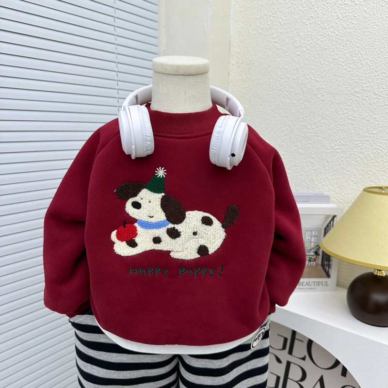 儿童一体绒卫衣2025冬装红色新年喜庆拜年卡通圆领男童加绒上衣