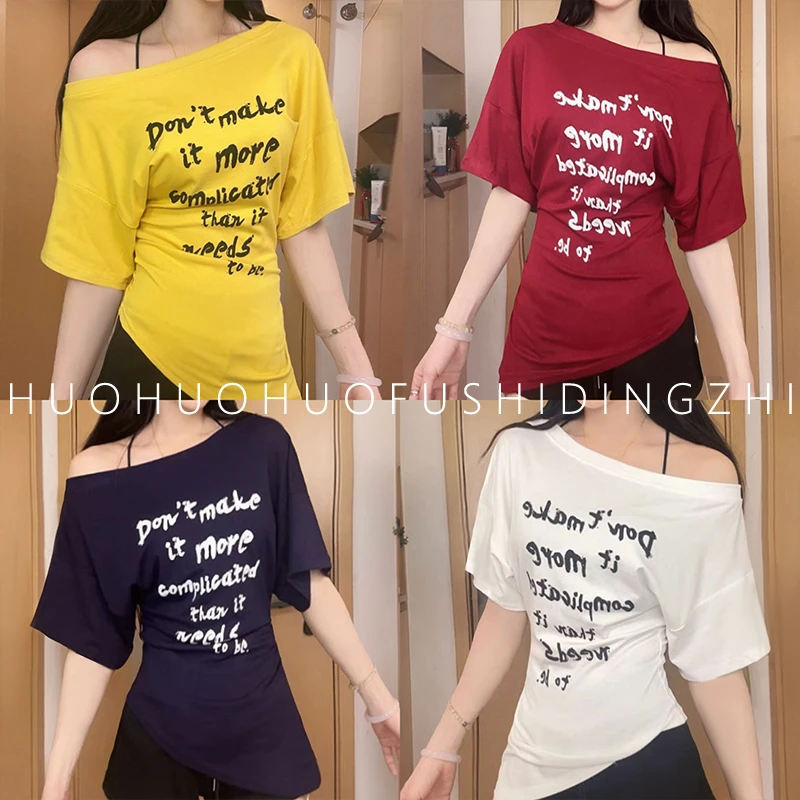 一字肩斜肩短袖印花T恤不规则修身辣妹气质露肩百搭夏季上衣6808