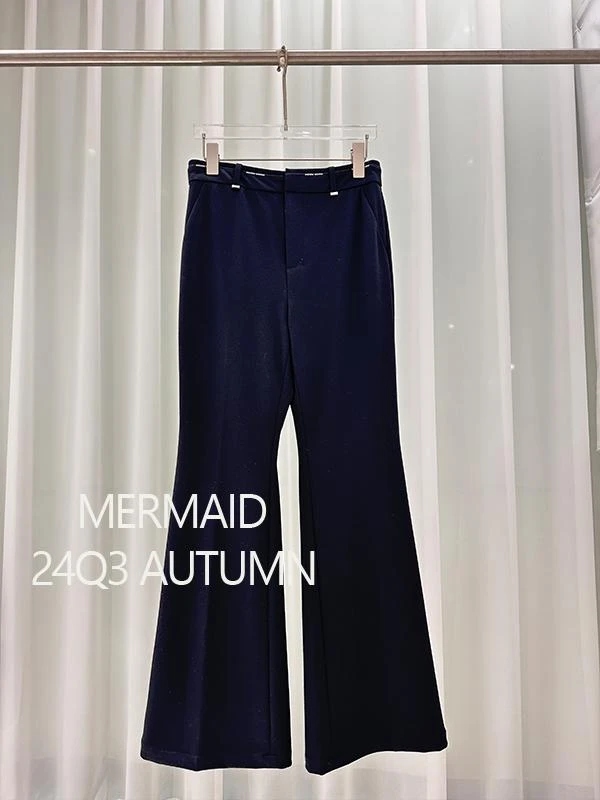 高腰夏季纯色长裤喇叭裤休闲裤蓝色女装欧若假日风E32160733
