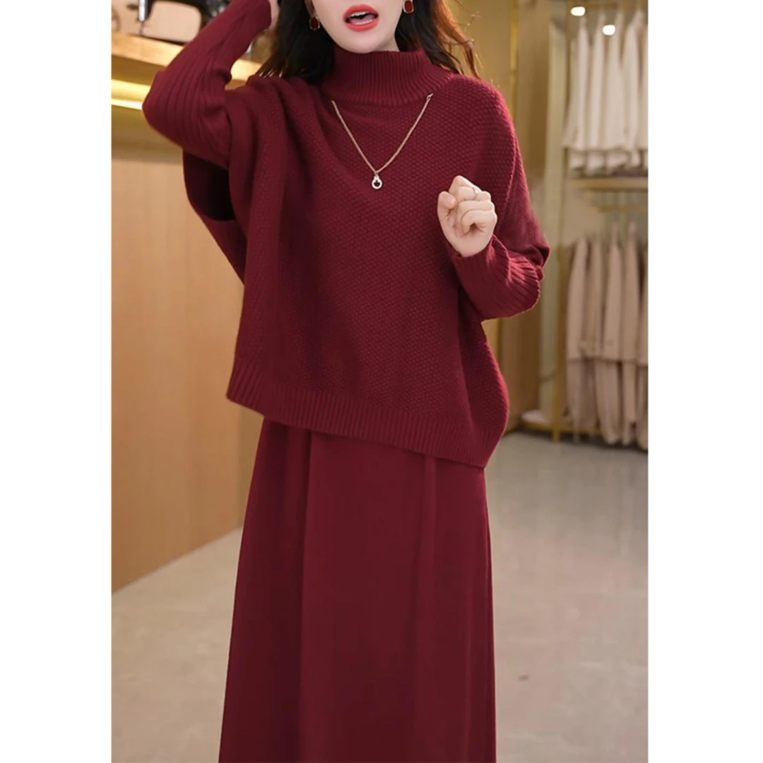 两件套针织毛衣连衣裙女2025新款秋冬配大衣妈妈时尚马阔腿裤套装