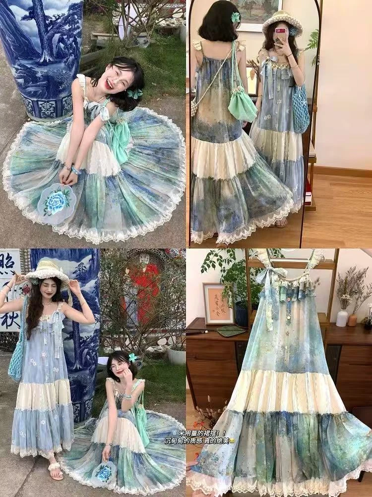 0084-油画人生裙”系带蝴蝶结贝壳设计感吊带长裙