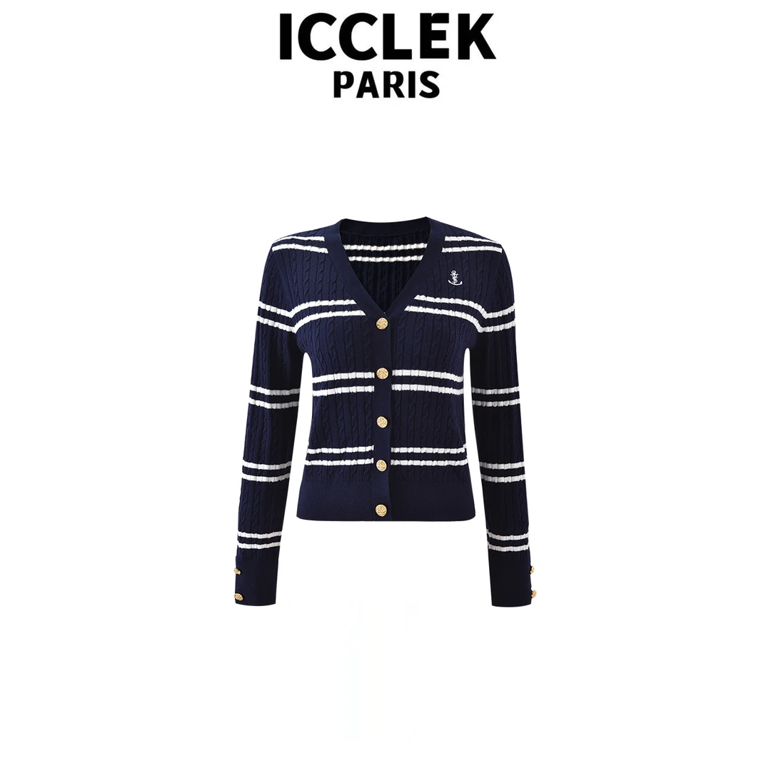 ICCLEK 藏蓝色V领薄款针织开衫气质减龄百搭显瘦- 5900