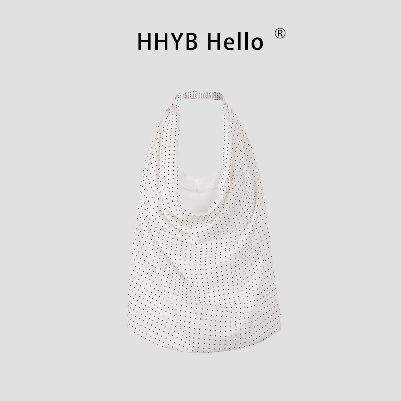 HHYB Hello【Q】2025夏季新款波点挂脖荡领拼蕾丝露背背心H20019