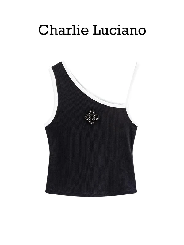 Charlie Luciano撞色斜肩手缝钻标识背心吊带设计感个性潮牌上衣