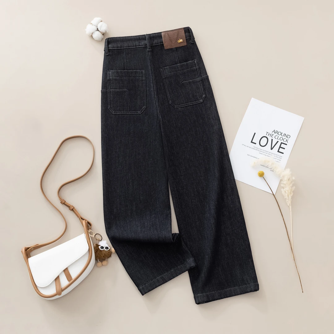 2025新款牛仔裤休闲风女秋季高腰常规款微弹黑色直筒裤W1