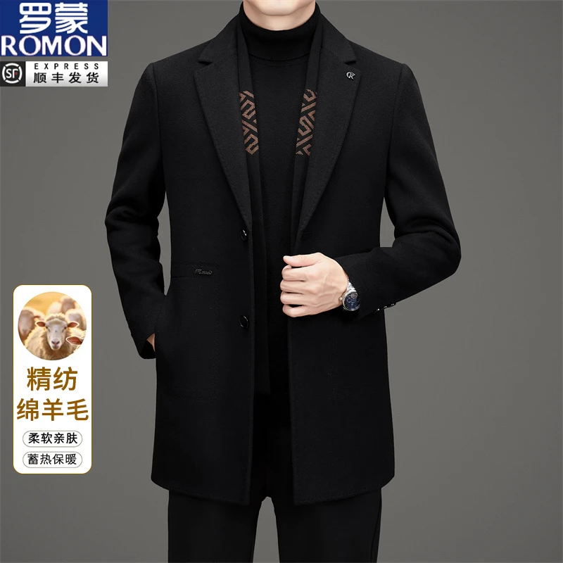 罗蒙冬季高级毛呢大衣男士高端中长款商务休闲保暖风衣男修身外套