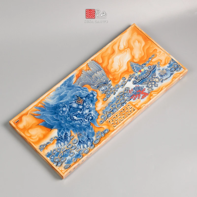 旬真堂陈童设计青花矾红珐琅宝石貔貅王陶瓷手绘茶盘干湿两用茶台