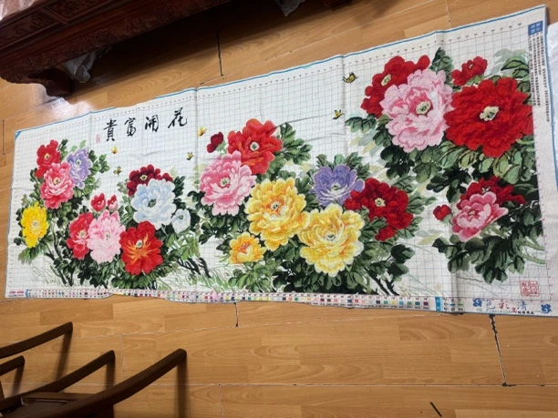 纯手工十字绣成品人工绣好的图花开富贵满堂红2.3米客厅装饰挂画