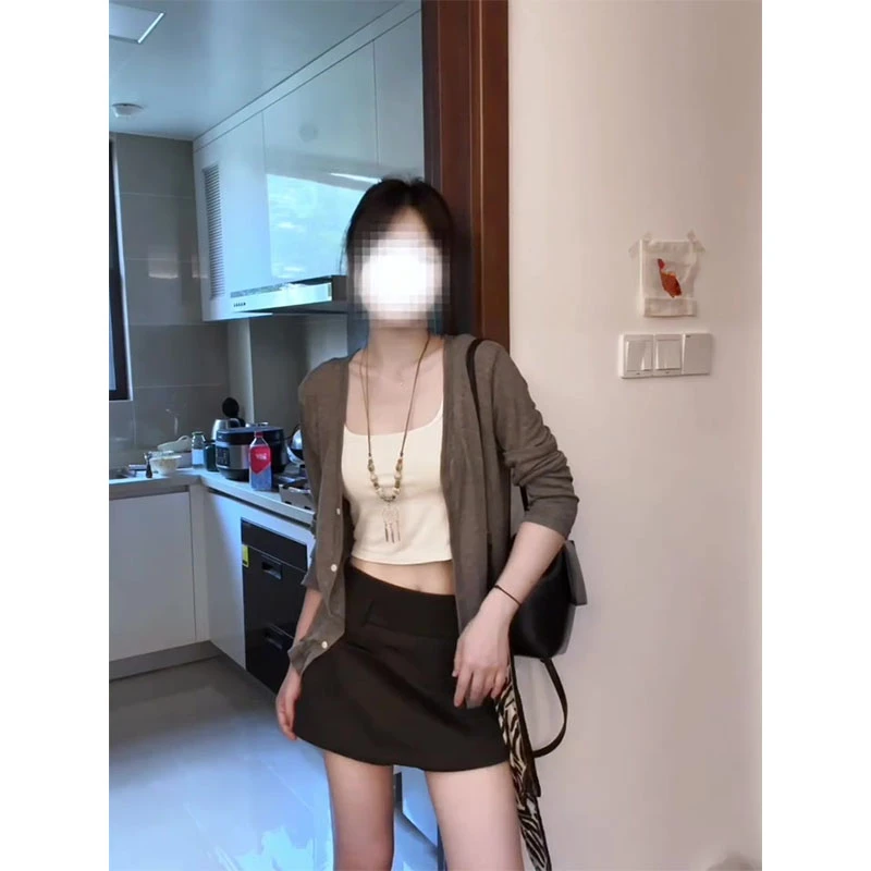 复古纯色长袖开衫修身百搭吊带女2025年夏季新款高腰气质短裙套装