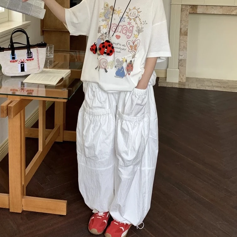 河岸家设计师YANAG个性休闲大大口袋白色纸感萝卜裤长裤25秋