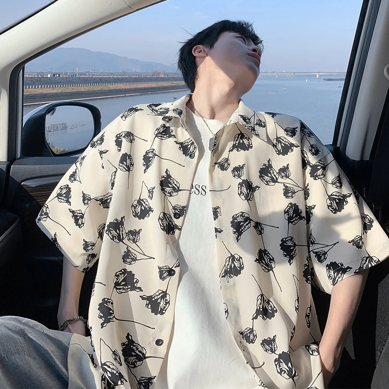 冰丝薄款花衬衫男夏季宽松休闲短袖衬衣潮牌潮流美式痞帅开衫外套