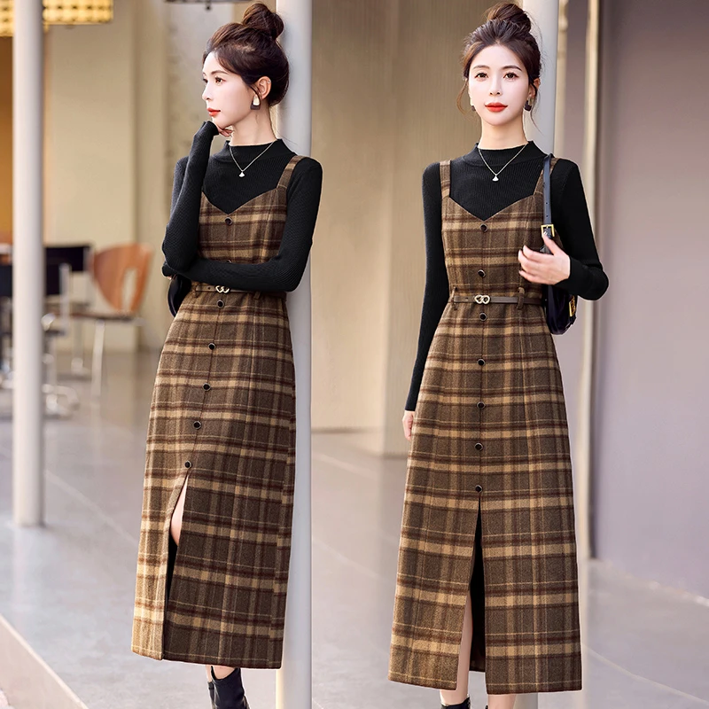 小香风两件套装连衣裙女春秋款显瘦打底衫时尚气质毛呢背带长裙子