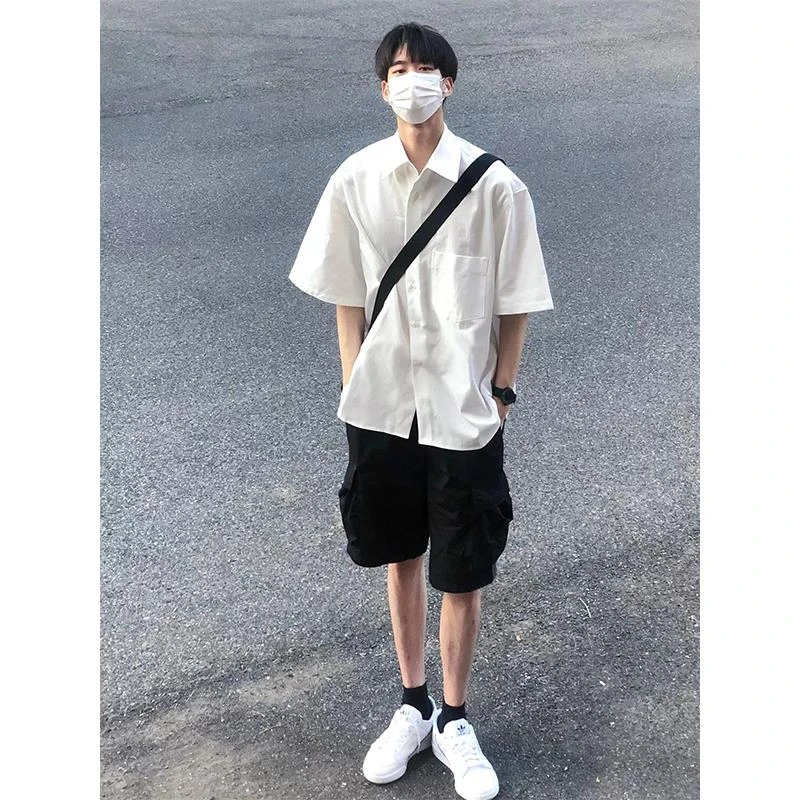 【JRXR男装】少年感穿搭短袖白衬衫男潮牌潮流复古高级感半袖衬衣