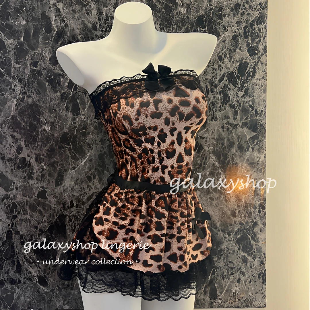 乖乖眯*豹纹抹胸连衣裙裙*蕾丝拼接俏皮贴身连衣裙