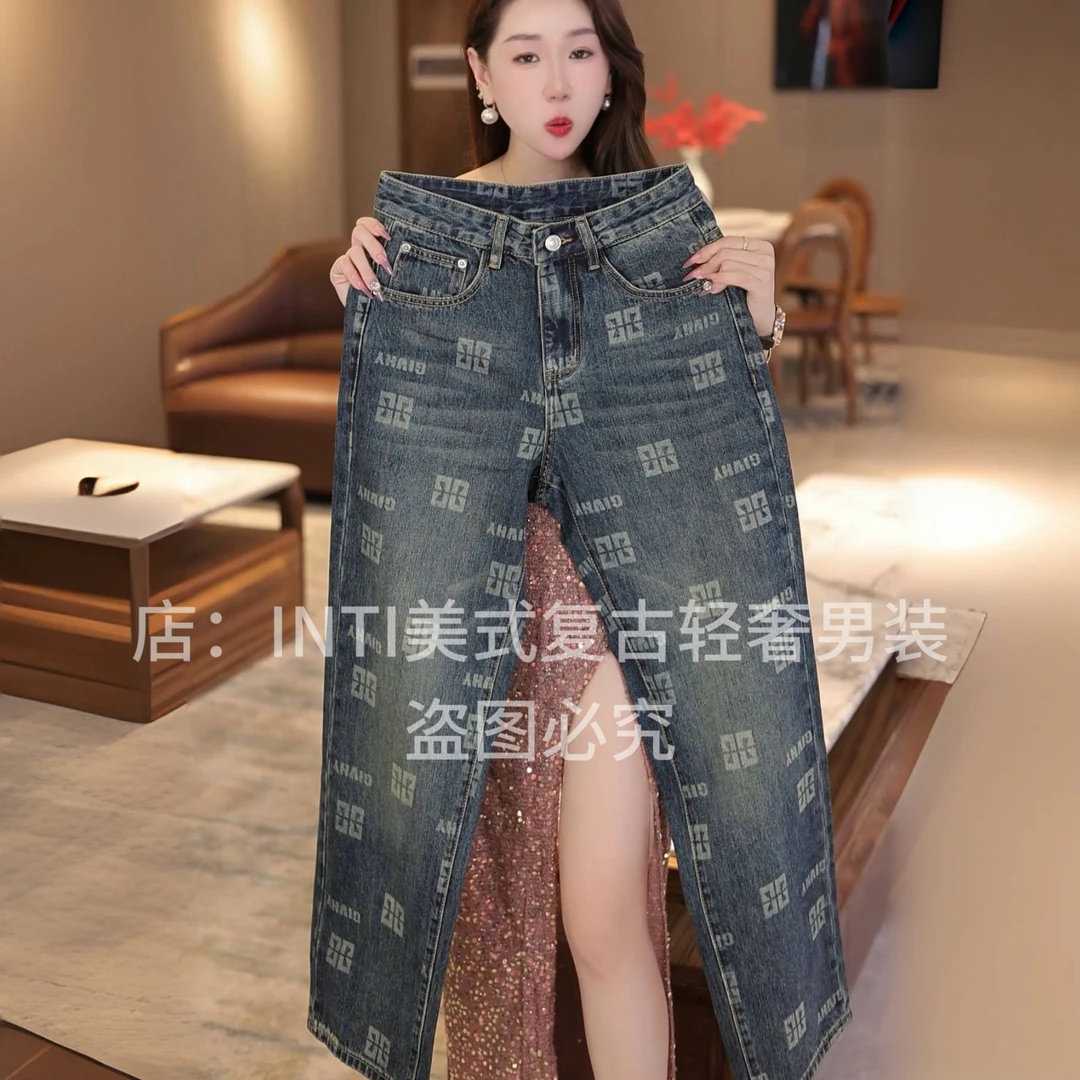 INTI秋冬高端男士复古做旧印花宽松直筒大裤脚阔腿裤牛仔裤高街个
