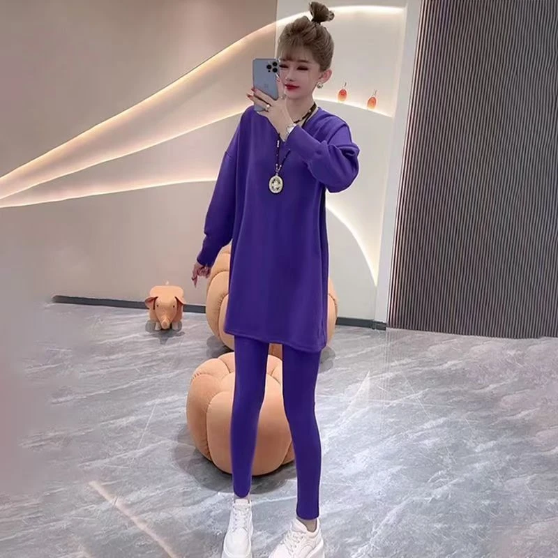 欧货时尚套装女2025年春秋新款宽松v领中长款大衫打底裤子两件套