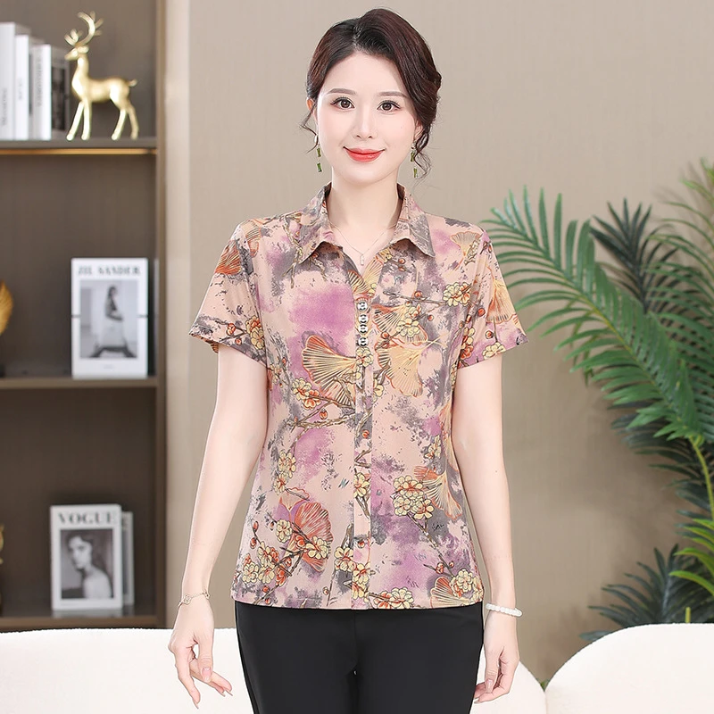 妈妈夏装时尚上衣中年短袖衬衫2025新款中老年女夏季T恤洋气上衣