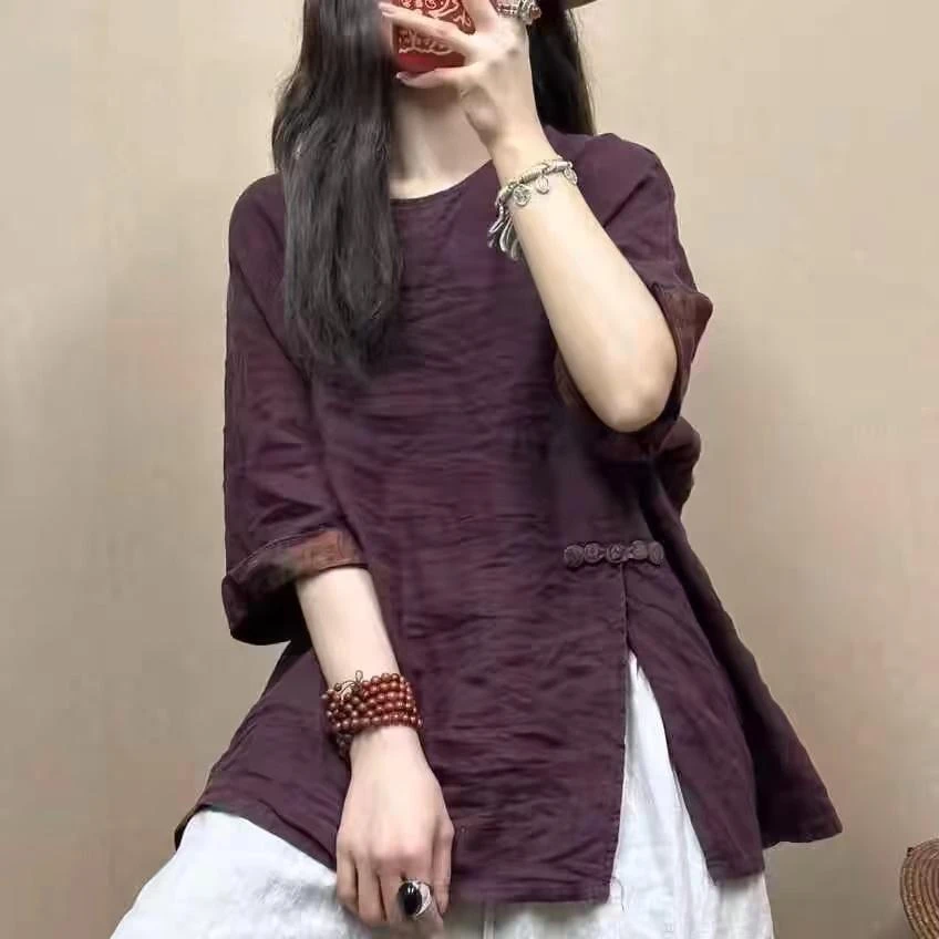 中式禅意女装2025春夏新款复古纯色百搭打底文艺宽松T恤上衣