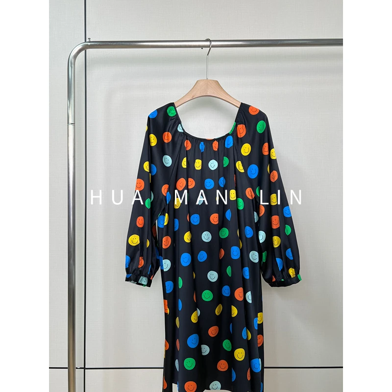 【花滿林】‘彩色笑脸’方圆领后系带弹力缎桑蚕丝阔版连衣裙255759