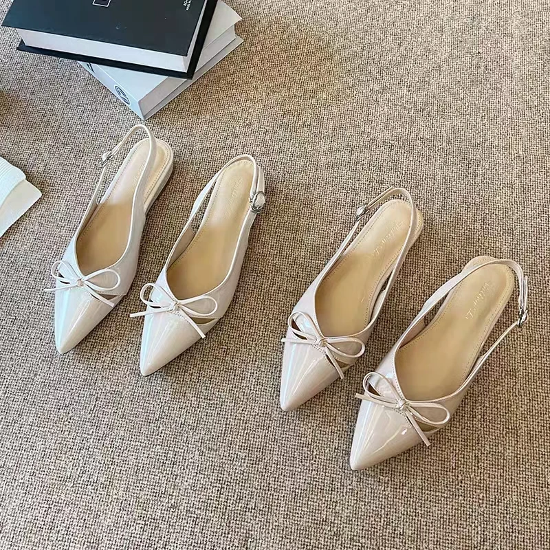 尖头后空低跟蝴蝶结软底防滑淑女鞋