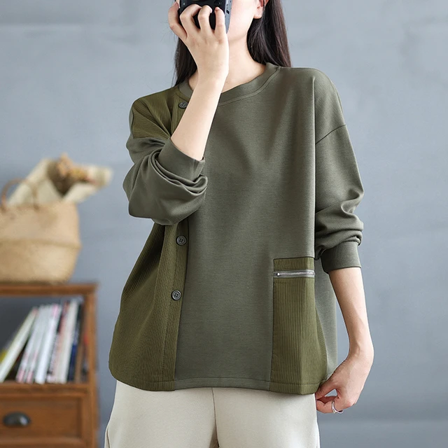 小菲家~秋季新款不对称拼接排扣薄款厚棉T宽松显瘦胖mm大尺码上衣