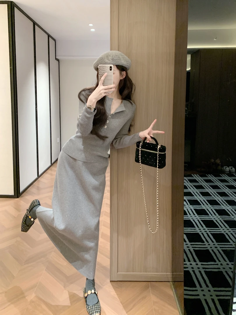 韩版新款巨好看的两件套冬装气质针织半身裙小香风套装