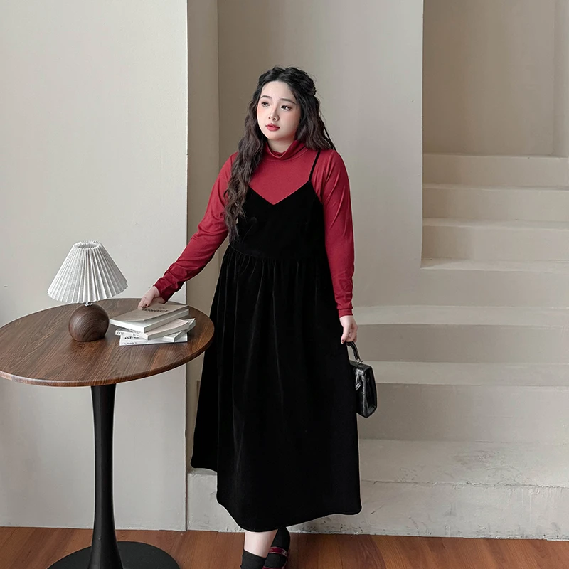 A1883大码女装【宴会轻奢晚礼服】胖mm半高领针织衫丝绒吊带连衣裙