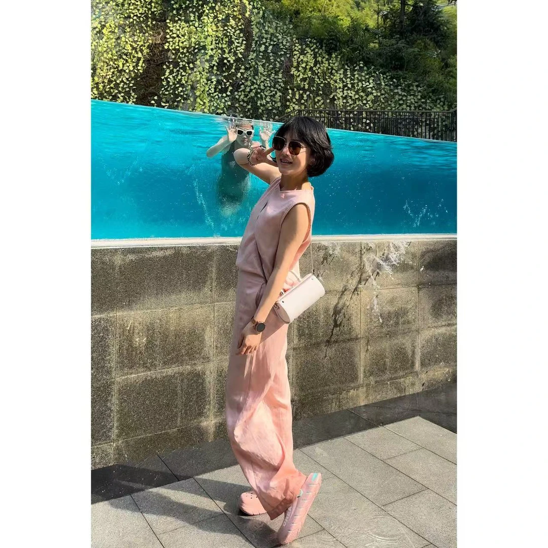 【长裤】亚麻夏季新款女装无袖粉色套装女士夏季时尚气质俩件套6028