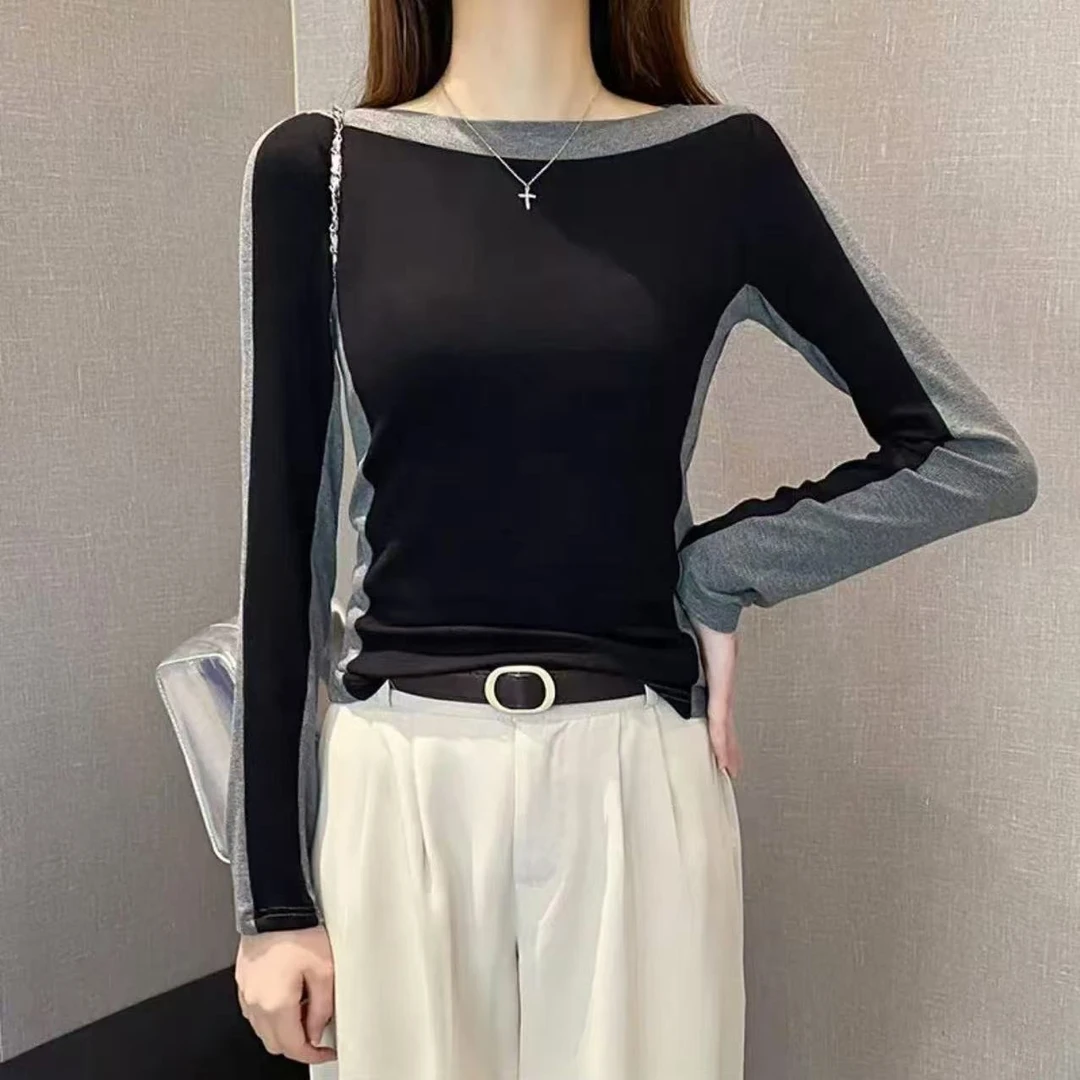 一字领拼色长袖t恤女秋修身加厚磨毛打底衫内搭保暖上衣春秋款