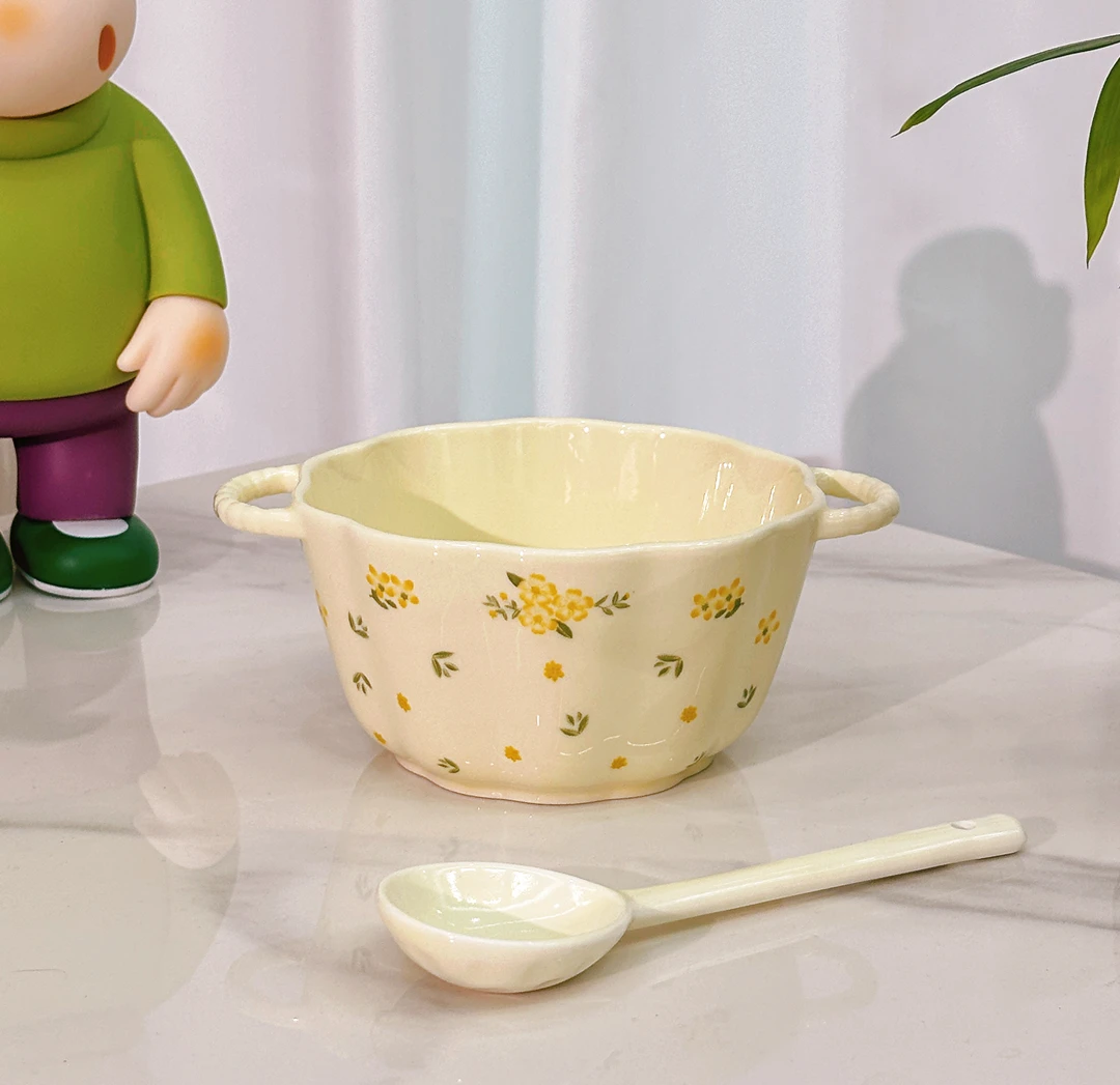 【小汤碗+勺】奶油琉璃花陶瓷双耳小汤碗勺家用装汤碗学生餐具组合