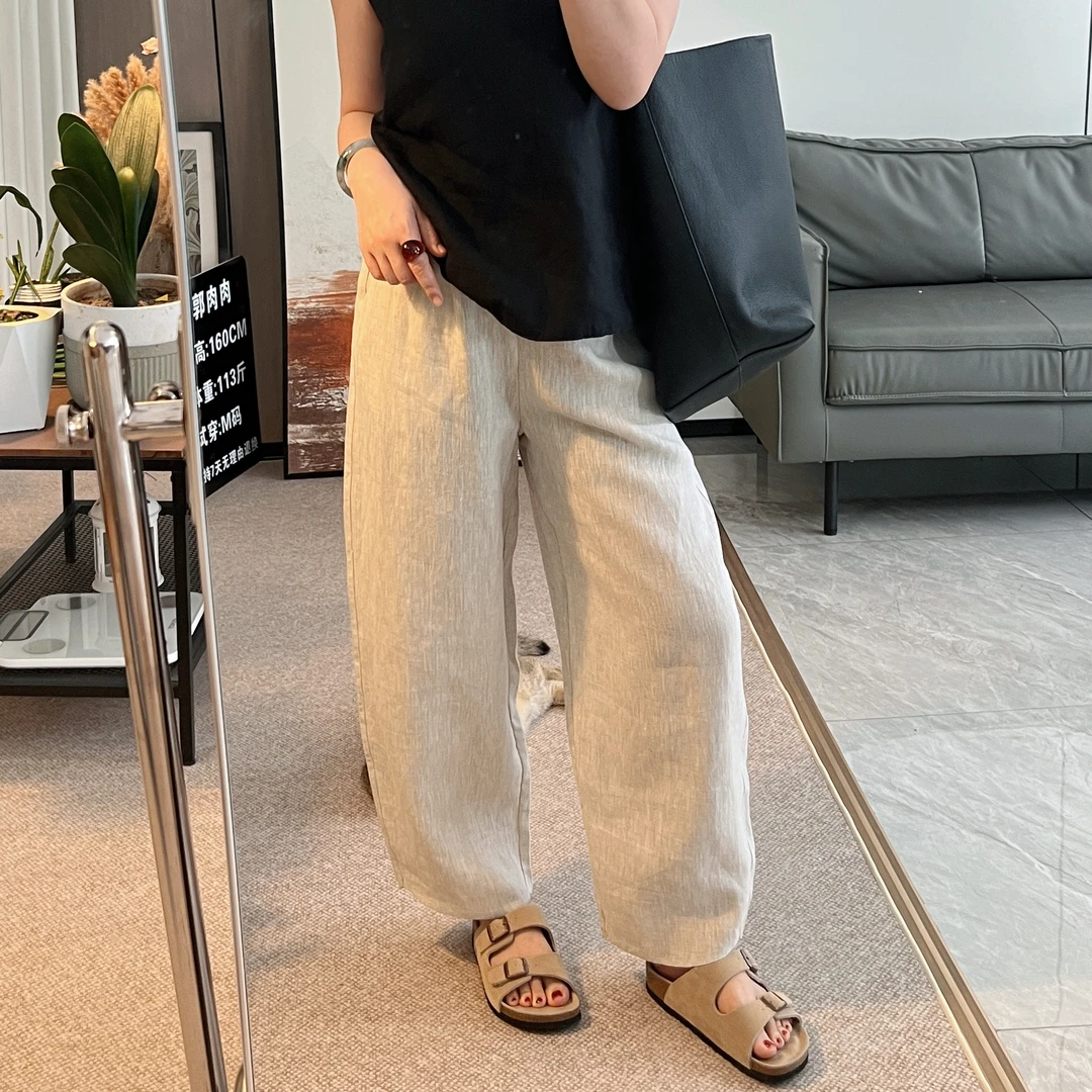 【郭肉肉】‘夏天的风’100亚麻花苞裤直筒休闲夏季薄款纯色宽松气质