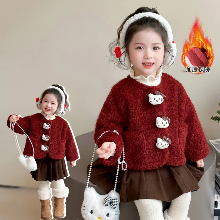 女童外套加绒秋冬季2024新款宝宝冬装加厚红色圣诞儿童服装毛毛衣