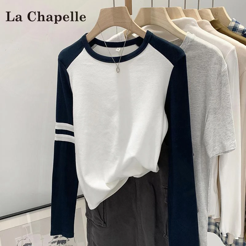 拉夏贝尔美式撞色条纹长袖t恤女秋冬2025新款圆领修身内搭打底衫