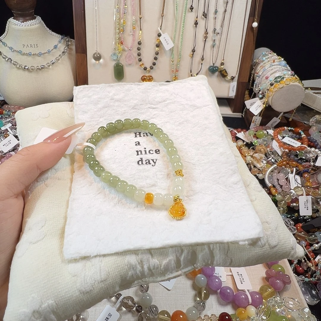 水晶未镶嵌手链和田玉渐变蜜蜡佛公