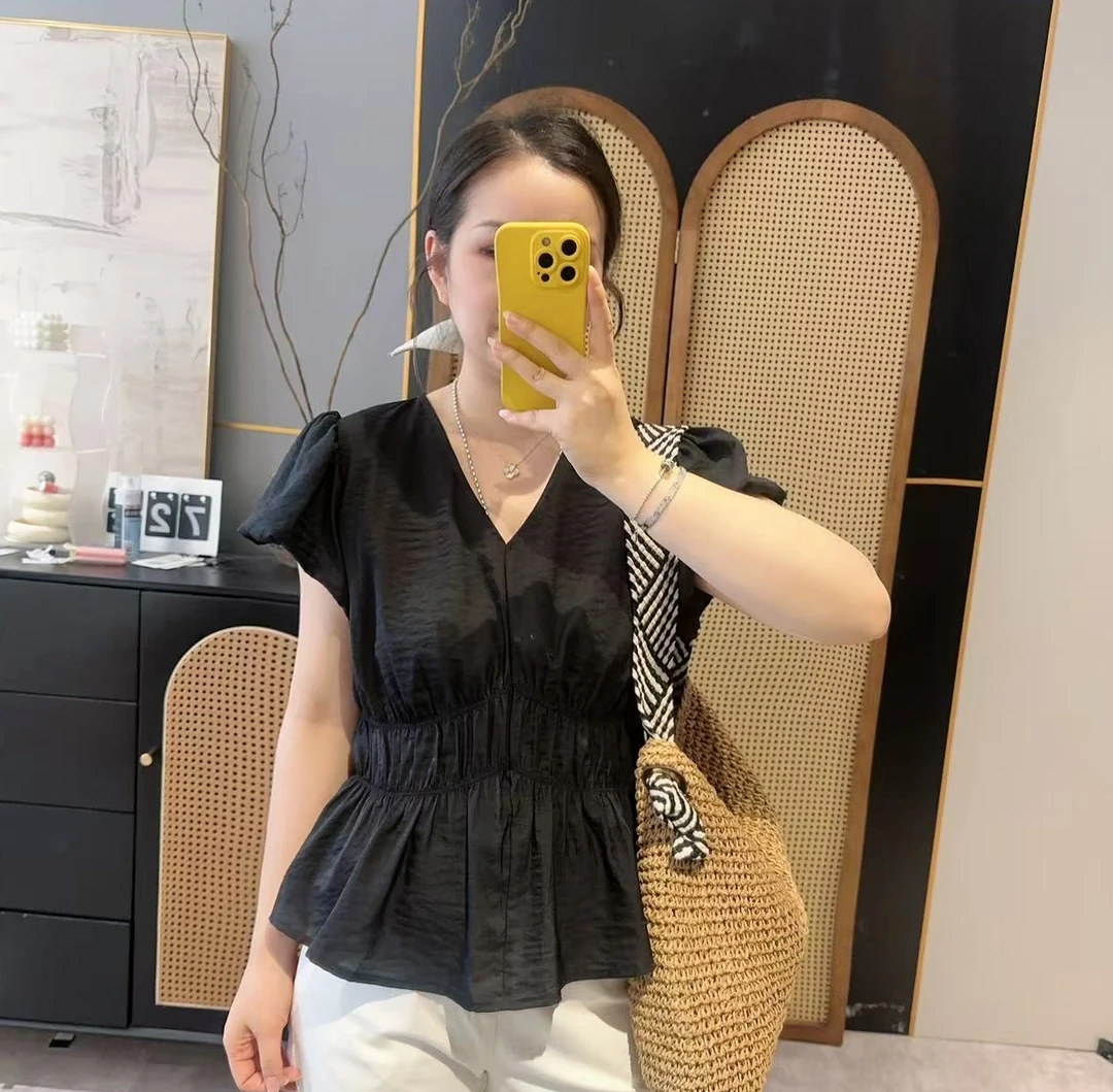 【欧加粒粒】夏季法式褶皱收腰显瘦V领短袖衬衫气质时尚 Y25060512