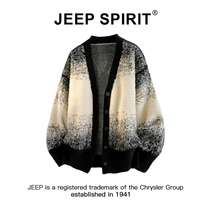 Jeep吉普开衫毛衣男士秋季新款宽松休闲扎染针织衫高级感男生外套