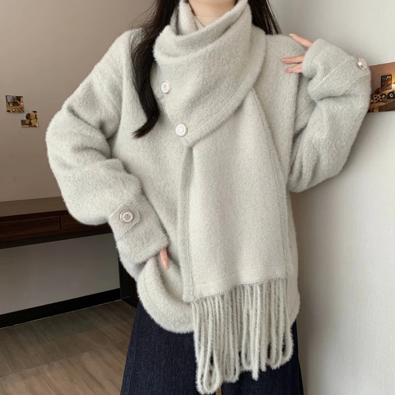 2025大码女秋冬新款宽松设计感百搭高级感开衫毛衣围巾两件外套潮