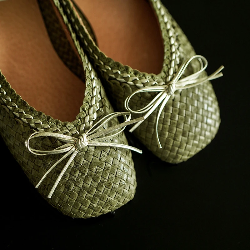 原创羊皮编织复古浅口单鞋女春夏新款方头蝴蝶结豆豆鞋