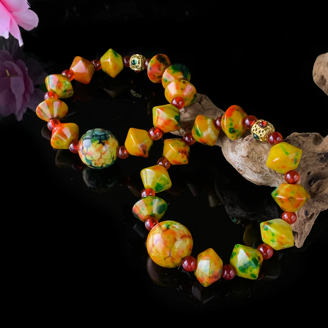 S8187【福嘟嘟】千草灵碧健妄石桶珠玛瑙宝塔手串-多样性只发一件