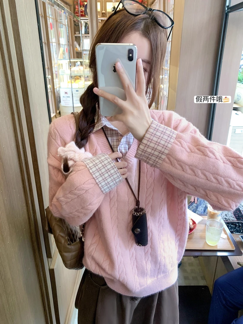 【现货】韩系麻花粉色假两件毛衣女秋冬衬衫拼接内搭针织衫上衣