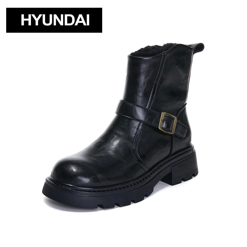现代/HYUNDAI 韩版平跟保暖加绒瘦瘦靴女鞋休闲真皮马丁靴25951-1